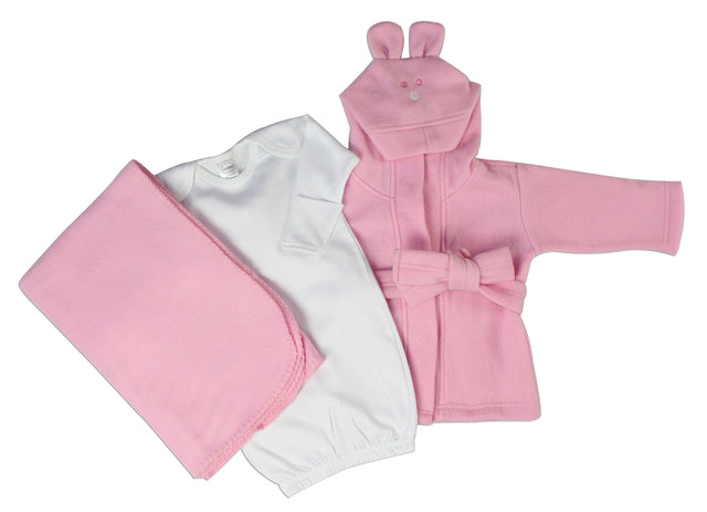 Newborn Baby Girls 3 Pc Layette Set (Gown, Robe, Fleece Blanket)